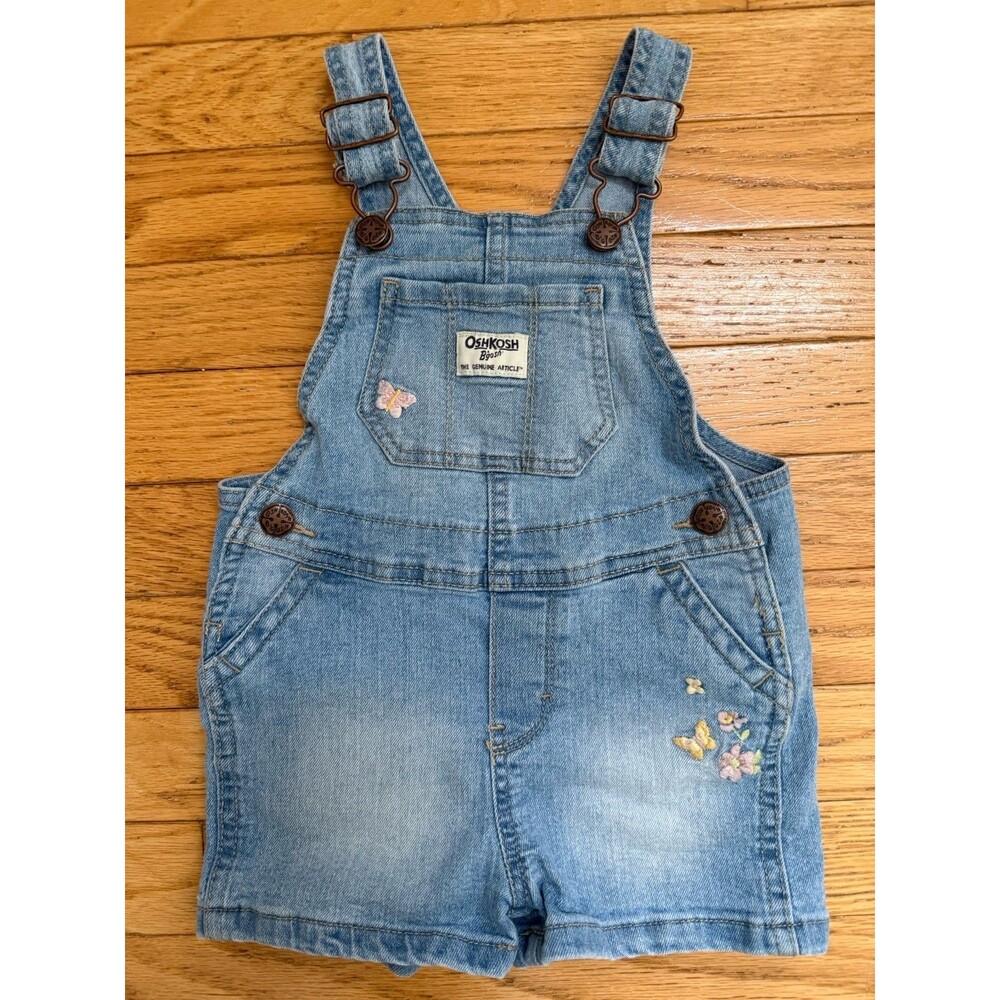 Oshkosh Girl Denim Jeans Overalls 2T Shortall Shorts Toddler Embroidered